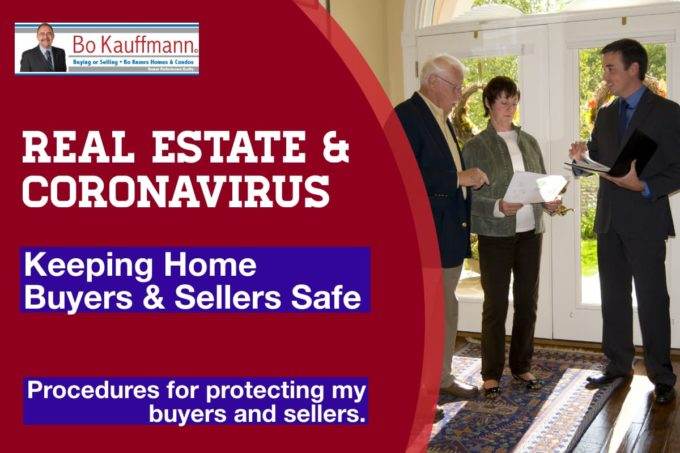 Real estate agent with clients, discussing coronavirus protection